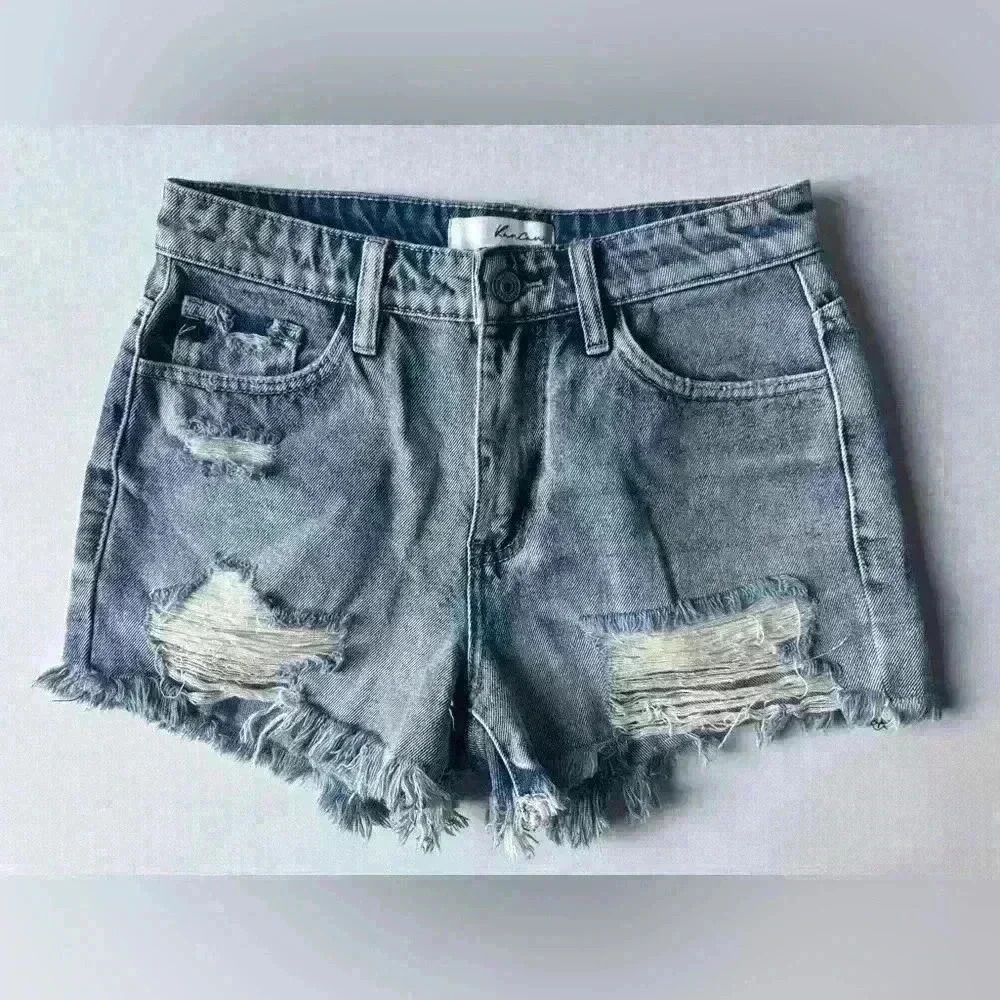 KanCan Women’s Blue Frayed and Distressed Jean Shorts Size XS